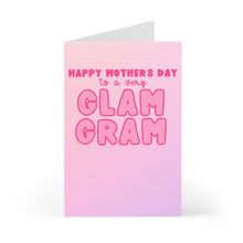 Load image into Gallery viewer, Introducing the Funny Mothers Day Card for Grandma from R is for Robo! Featuring a delightful pink and purple gradient background, this card reads "Happy Mother's Day to a very Glam Gram" in stylish pink and red letters, guaranteed to bring a smile to Grandma's face.