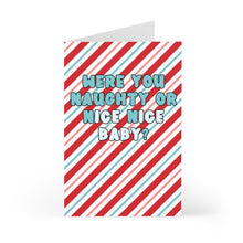 Load image into Gallery viewer, The R is for Robo Funny 90s Rap Nostalgia Pop Culture Christmas Card features diagonal red, white, and light blue stripes with the playful text "Were you naughty or nice nice baby?" in bold font, bringing a festive throwback vibe reminiscent of Vanilla Ice lyrics.