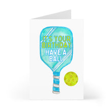 Load image into Gallery viewer, The R is for Robo Pickleball Birthday Card is the perfect gift for any pickleball lover, featuring a whimsical illustration of a blue paddle and a yellow ball. The text on the paddle says, "It's Your Birthday, Have a Ball," making it an ideal funny birthday card.