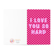 Load image into Gallery viewer, A humorous Valentine's Day card, the "I Love You So Hard Funny Valentine's Day Card" by R is for Robo, showcases a pink and white heart pattern background. Bold pink text on the right side states "I LOVE YOU SO HARD," while brand details are featured on the left side. It's an ideal heavyweight matte card for writing a personal hand-written message inside.