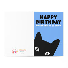 Load image into Gallery viewer, This heavyweight matte birthday card, designed by R is for Robo, showcases a stylized black cat on a blue background with the text "HAPPY BIRTHDAY YOU'RE THE CAT'S MEOW." The left side includes the R is for Robo logo and contact information, making it ideal for adding a personal handwritten note.