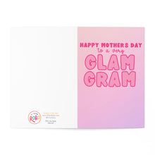 Load image into Gallery viewer, A humorous Mother's Day card for Grandma featuring a pink gradient background. The right side displays "Happy Mother’s Day to a very Glam Gram" in bold pink letters, ideal for Grandma. The left side showcases the R is for Robo logo and contact information.
