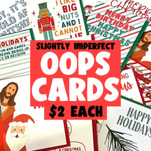 Load image into Gallery viewer, Explore the Oops Seconds Christmas Cards - Slightly Imperfect Holiday Greeting Cards by R is for Robo, available for only $2 each. These charming cards feature designs of Santa, a nutcracker, and merry holiday messages, ideal for bringing cheer this season.