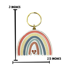 Load image into Gallery viewer, The Boho Rainbow Love Keychain by R is for Robo is a charming accessory measuring 3 inches tall and 2.5 inches wide. It features pastel colors with a small heart labeled "LOVE" at the bottom, completed with a golden keyring on top, offering both style and sentiment.