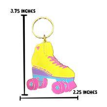 Load image into Gallery viewer, The 90s Kid Retro Roller Skate Keychain from R is for Robo is a lively enamel accessory designed as a yellow roller skate with pink wheels and blue accents. Featuring the phrase "They See Me Rollin," it measures 3.75 inches tall by 2.25 inches wide, making it an ideal addition to any bag or set of keys for a touch of flair.