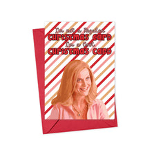 Load image into Gallery viewer, The Mean Girls Christmas Card from R is for Robo features a smiling woman with long hair on a red envelope, offering an early 2000s classic vibe. The card, with its diagonal stripes in white, red, and beige, includes the playful message: "I'm not a regular Christmas card; I'm a cool Christmas card," inspired by the iconic scene from Mean Girls.
