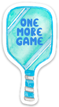 Load image into Gallery viewer, The Pickleball Sticker One More Game by R is for Robo showcases a charming watercolor design of a blue and turquoise pickleball paddle with diagonal stripes, featuring the phrase "One More Game" in bold blue letters. This durable vinyl sticker perfectly captures the vibrant spirit of this rapidly growing sport.
