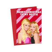 Load image into Gallery viewer, Illustrated Christmas card from R is for Robo featuring two smiling women embracing, with the text "Merry Christmas to my Bestie" on a red and pink striped background. This Pop Culture Paris Christmas card is perfect for sharing festive cheer with your best friend and comes with a vibrant red envelope.