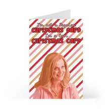 Load image into Gallery viewer, A Christmas card designed with red and white diagonal stripes showcases a smiling woman alongside the text: "I'm not a regular Christmas card, I'm a cool Christmas card." This offering from R is for Robo, titled "Mean Girls Christmas Card Funny Pop Culture Gifts," is an ideal present for fans of early 2000s classics.