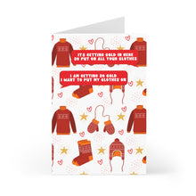 Load image into Gallery viewer, The Nelly Funny Christmas Card by R is for Robo showcases a humorous winter theme with red sweaters, hats, mittens, and socks. The card cleverly plays on Nelly's lyrics with the phrase: "It's getting cold in here, so put on all your clothes!" Festive star and heart accents enhance the holiday cheer.