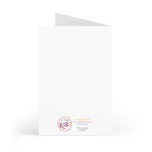 Load image into Gallery viewer, A blank Mother's Day card from the "Mom Life Funny Mother’s Day Card for Mom or Friend" collection by R is for Robo stands upright. The back showcases a circular logo with R is for Robo text and includes the phrases "Printed in the USA" and "It is for RoRo." It also displays contact details, featuring a website and social media handle.