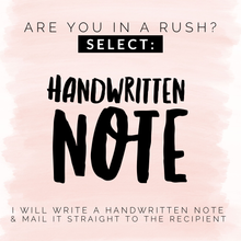 Load image into Gallery viewer, Graphic with a pink watercolor background. Text reads: Are you in a rush? Select: Funny Valentine's Day Card for Him or Her by R is for Robo. I will write a heartfelt, handwritten note and mail it straight to the recipient—perfect for a personalized Valentine's Day card.