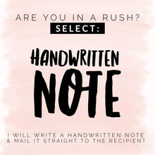 Load image into Gallery viewer, A textured pink background with the text: Are you in a rush? Choose: Handwritten Note. I will craft a personalized handwritten note & send it directly to the recipient, just in time for Father's Day. The word "note" is bold and prominent. Perfect for adding a humorous pun to your Taco Dad - Funny Pun Father's Day Card for Dad celebration! From R is for Robo.