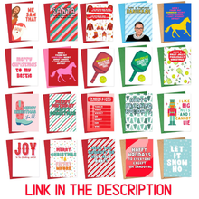 Load image into Gallery viewer, Explore a set of 20 vibrant and amusing holiday cards from R is for Robo, each boasting unique designs perfect for the Christmas season. This collection includes a special Pickleball Christmas Card, catering to pickleball enthusiasts. The cards feature themes and messages celebrating both Christmas and Hanukkah, embellished with engaging text, patterns, and illustrations. Look for the link in the description at the bottom.