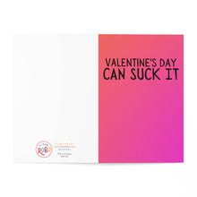 Load image into Gallery viewer, The image showcases the Anti Valentines Day Card by R is for Robo, featuring a playful design with a half-white, half-red-pink gradient cover and the phrase "Valentines Day can suck it" prominently displayed on the right side. The back includes RoBo's circular logo and website URL, making it an ideal choice for sending a humorous Galentine's Day message!