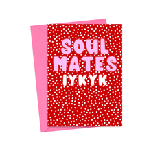 Load image into Gallery viewer, Introducing the Cute and Funny Valentine's Day Card for Him or Her by R is for Robo: This charming card features a red background adorned with white polka dots, displaying "SOUL MATES IYKYK" in bold pink and white letters for a humorous twist. Accompanied by a partially visible pink envelope, it's ideal for adding your personal handwritten note.