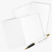 Load image into Gallery viewer, The composition features a top view of the "Funny Valentine's Day Card for Him or Her" by R is for Robo, with two cards stacked and one open, ideal for crafting a heartfelt message. Accompanying the scene is a white pen adorned with gold accents and a black grip, adding to the minimalist aesthetic.