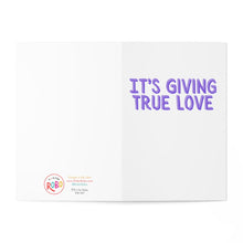 Load image into Gallery viewer, Check out the Funny Valentine's Day Card for Him or Her by R is for Robo. It features purple text on the right side that reads "It's Giving True Love," with the RoBo logo on the left and a website address at the bottom. The card has a white background, ideal for adding a handwritten note to make it uniquely personal.