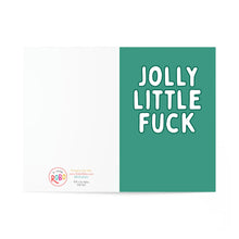 Load image into Gallery viewer, The Jolly Little Fuck - Rude and Funny Christmas Card from R is for Robo features a green design with bold white text reading "Jolly Little Fuck" on the right side. The left side includes a small logo and text in orange and black. Ideal for those who enjoy humor, it leaves space inside for a personal note.