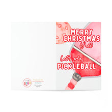 Load image into Gallery viewer, This Pickleball Christmas Card by R is for Robo showcases a charming watercolor illustration of a paddle and ball with the cheerful message, "Merry Christmas Y'all, Let's play pickleball." Perfect for pickleball enthusiasts, this card serves both as a festive holiday greeting and an ideal gift. ROBO's logo and contact information are neatly placed in the bottom left corner.