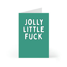 Load image into Gallery viewer, A Christmas card from R is for Robo stands upright in green, featuring bold, white text in the center that says "JOLLY LITTLE FUCK." This cheeky greeting card from the Jolly Little Fuck collection provides rude and funny humor perfect for those who enjoy a playful twist during the holiday season.