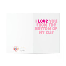 Load image into Gallery viewer, R is for Robos Funny and Dirty Valentines Day Card for Him features playful pink and white text on the right, reading I love you from the bottom of my clit. The left displays a circular logo with contact details, crafting a hilarious Valentine’s gift ready to make someone smile.