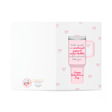 Load image into Gallery viewer, The Funny Galentines Day Card for Friend by R is for Robo features a pink travel mug with straw and hearts. The mug reads, Who needs an emotional support water bottle when a friend like you... Happy Galentines Day. R is for Robos logo and contact info are elegantly on the left.