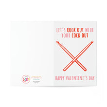 Load image into Gallery viewer, This humorous Valentines card from R is for Robo features crossed red drumsticks and the cheeky text Let’s rock out with your cock out on top, with Happy Valentine’s Day at the bottom. Ideal as a Valentines gift, it also includes the 8-9 Robo logo in the corner.