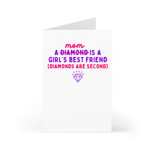 Load image into Gallery viewer, The R is for Robo Funny Mothers Day Card from Daughter or Son humorously features Mom replaced with A girls best friend (diamonds are second) in bold purple and red, accompanied by a playful diamond illustration.