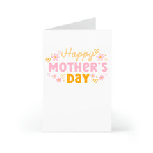 Load image into Gallery viewer, The R is for Robo Minimalist Mothers Day Card for Daughter, Friend, or Mother has Happy Mothers Day in pink and yellow letters with small pink flowers and yellow hearts. The white card stands slightly open, ready to convey heartfelt wishes.
