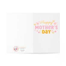 Load image into Gallery viewer, The Minimalist Mother’s Day Card for Daughter, Friend, or Mother by R is for Robo features Happy Mothers Day in large, colorful letters with delightful pink and yellow hearts and floral illustrations.