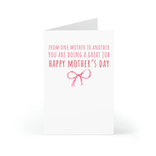 Load image into Gallery viewer, The Cute Coquette Pink Bows Mothers Day Card for Friend by R is for Robo features whimsical pink bows and the red text, From one mother to another, you are doing a great job. Happy Mothers Day.