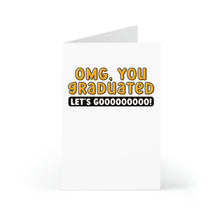 Load image into Gallery viewer, The R is for Robo Funny Graduation Card displays bold, playful text: OMG, YOU GRADUATED in yellow and black with LETS GOOOOOOOOO! in black underneath. Perfect for any graduation, it sits slightly open against a white backdrop.