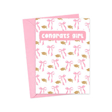 Load image into Gallery viewer, The Funny Graduation Card for Women with Pink Bows Coquette by R is for Robo features a pink envelope with Coquette Pink Bows and gold caps. Its front has bold, playful pink letters reading Congrats Girl on a white background.