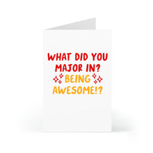 Load image into Gallery viewer, The Funny Graduation Card for Him or Her by R is for Robo features the bold message, What did you major in? Being awesome!?, in red and orange on a white background, making it a perfect gift to celebrate college graduation with humor.