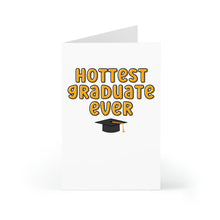 Load image into Gallery viewer, The Funny Graduation Card for Boyfriend or Girlfriend by R is for Robo features bold yellow-orange text saying Hottest Graduate Ever and a playful graduation cap illustration with a yellow tassel. This white card is perfect for adding a personal handwritten note to celebrate their achievement.