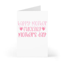 Load image into Gallery viewer, The MOFO Funny Mother's Day Card for Best Friend by R is for Robo features a white design with pink text that reads, "Happy Mother Fucking Mother's Day," making it an ideal choice for a humorous Mother's Day greeting adorned with decorative heart shapes.