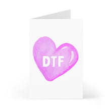 Load image into Gallery viewer, The DTF Funny Dirty Valentine's Day Card by R is for Robo showcases a cheeky pink heart illustration with bold, white "DTF" lettering on a clean white background—ideal for adding your own humorous handwritten note inside!