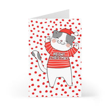 Load image into Gallery viewer, Illustration for the Meowy Christmas Cat Christmas Card by R is for Robo: A cute cat dressed in a red and white striped sweater featuring "Meowy Christmas" and topped with a Santa hat. The backdrop showcases falling snowflakes paired with red polka dots, making it an ideal choice for a humorous cat-themed holiday card to spread festive joy.