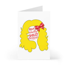 Load image into Gallery viewer, This whimsical Christmas card, titled the "Dolly Funny Christmas Card for Country Music Lovers" by R is for Robo, features a playful illustration of yellow hair adorned with a red bow. The card captures the festive spirit with the phrase "Have a holly DOLLY Christmas," making it an ideal choice for fans of country music and Dolly Parton.