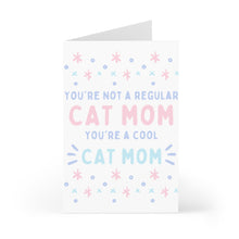 Load image into Gallery viewer, The Cat Mom Mother's Day Card from R is for Robo features an open design with pastel text: "You're not a regular cat mom, you're a cool cat mom," making it perfect for celebrating Cat Mother's Day. Adorned with small star and dot decorations, this humorous card is the ideal gift to honor the coolest Cat Mom out there.