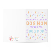 Load image into Gallery viewer, Presenting the "Dog Mom Mother's Day Card From The Dog" by R is for Robo: This charming card features pastel-colored text declaring, "You're not a regular dog mom, you're a cool dog mom." It boasts a delightful background of scattered star and dot patterns in pastel shades, making it an ideal way to celebrate the special Dog Mom in your life.
