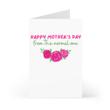 Load image into Gallery viewer, This delightful Mother's Day card from R is for Robo, titled "Funny Mothers Day Card from Daughter," features the humorous message "Happy Mother's Day from the normal one" in pink and green lettering. The card is charmingly adorned with illustrations of three pink roses surrounded by green leaves, making it a perfect choice for adding humor to your Mother's Day celebration.