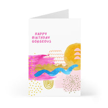 Load image into Gallery viewer, Introducing the Happy Birthday Gorgeous Abstract Art Artsy Birthday Card by R is for Robo—a vibrant creation inspired by abstract art, featuring stunning designs in pink, gold, and blue. At the top, the "Happy Birthday Gorgeous" text is elegantly displayed amidst geometric shapes and textures for a distinctive flair. Ideal for adding a personalized hand-written note inside to create a truly special gift.