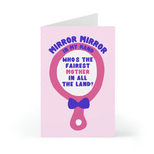 Load image into Gallery viewer, The "Mirror Mirror Funny Mothers Day Card for Friend" by R is for Robo features a humorous design of a pink hand mirror with the text, "Mirror mirror in my hand, who's the fairest mother in all the land?" in purple and pink on a light pink background. It's perfect for adding a touch of laughter to your heartfelt handwritten note.