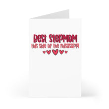 Load image into Gallery viewer, The R is for Robo Stepmom Funny Mother's Day Card showcases the phrase "Best Stepmom this side of the Mississippi" in eye-catching bold red and pink letters, accompanied by five charming red hearts below. Presented open against a pristine white background, this card infuses humor into your sincere sentiments.