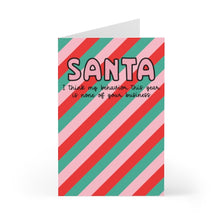 Load image into Gallery viewer, The R is for Robo Santa Funny Christmas Card, known as the Sassy Christmas Card, showcases diagonal stripes in red, pink, and green. The card humorously declares, "SANTA, I think my behavior this year is none of your business," making it an ideal choice for those who appreciate a touch of cheeky holiday humor.