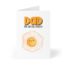 Load image into Gallery viewer, The Eggcellent Punny Pun Fathers Day Card by R is for Robo is perfect for Father's Day, featuring a cute, smiling fried egg illustration. The card has bold text above the egg saying "DAD" followed by "YOU ARE EGG-CELLENT." It's set against a white background, ready for your handwritten note inside.