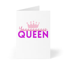 Load image into Gallery viewer, The Yas Queen Congratulations Card by R is for Robo is a charming greeting card featuring a white background adorned with a pink crown and the lively text "Yaaaaaaaas QUEEN" in pink and purple. It's an ideal choice for writing a heartfelt note to honor the queen in your life.