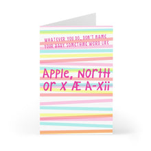 Load image into Gallery viewer, The "Not a Food Baby Funny Baby Card" by R is for Robo features a pastel striped background with the message, "Whatever you do, don’t name your baby something weird like Apple, North, or X Æ A-Xii." This card is an ideal handwritten note for soon-to-be parents who appreciate humor.